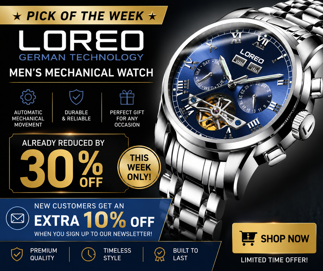 Loreo men's mechanical watch with promotional text on a dark background